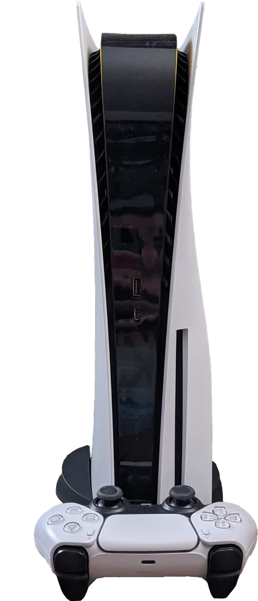 PlayStation 5 console standing upright with a DualSense controller